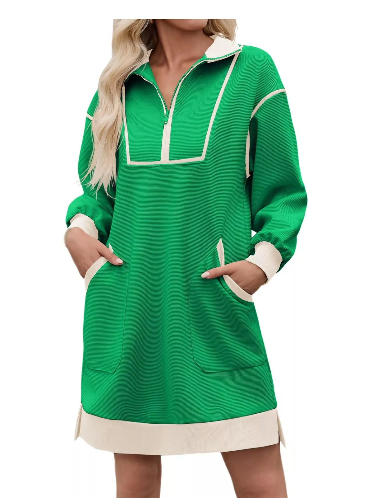 color block quarter-zip sweatshirt dress | dropsona - neutral - packaging