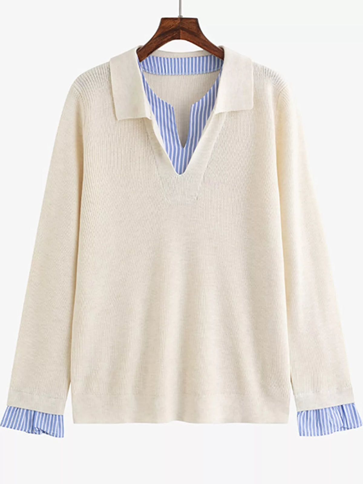 plus size layered look striped long sleeve sweater | dropsona - neutral - material texture