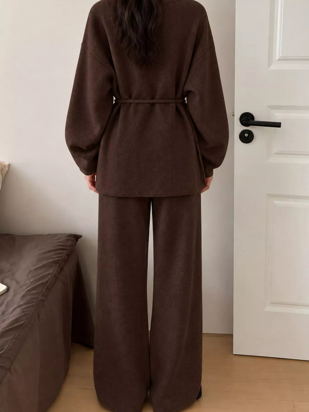 v-neck tied wrap cardigan and wide-leg pants sweater | dropsona - neutral - packaging