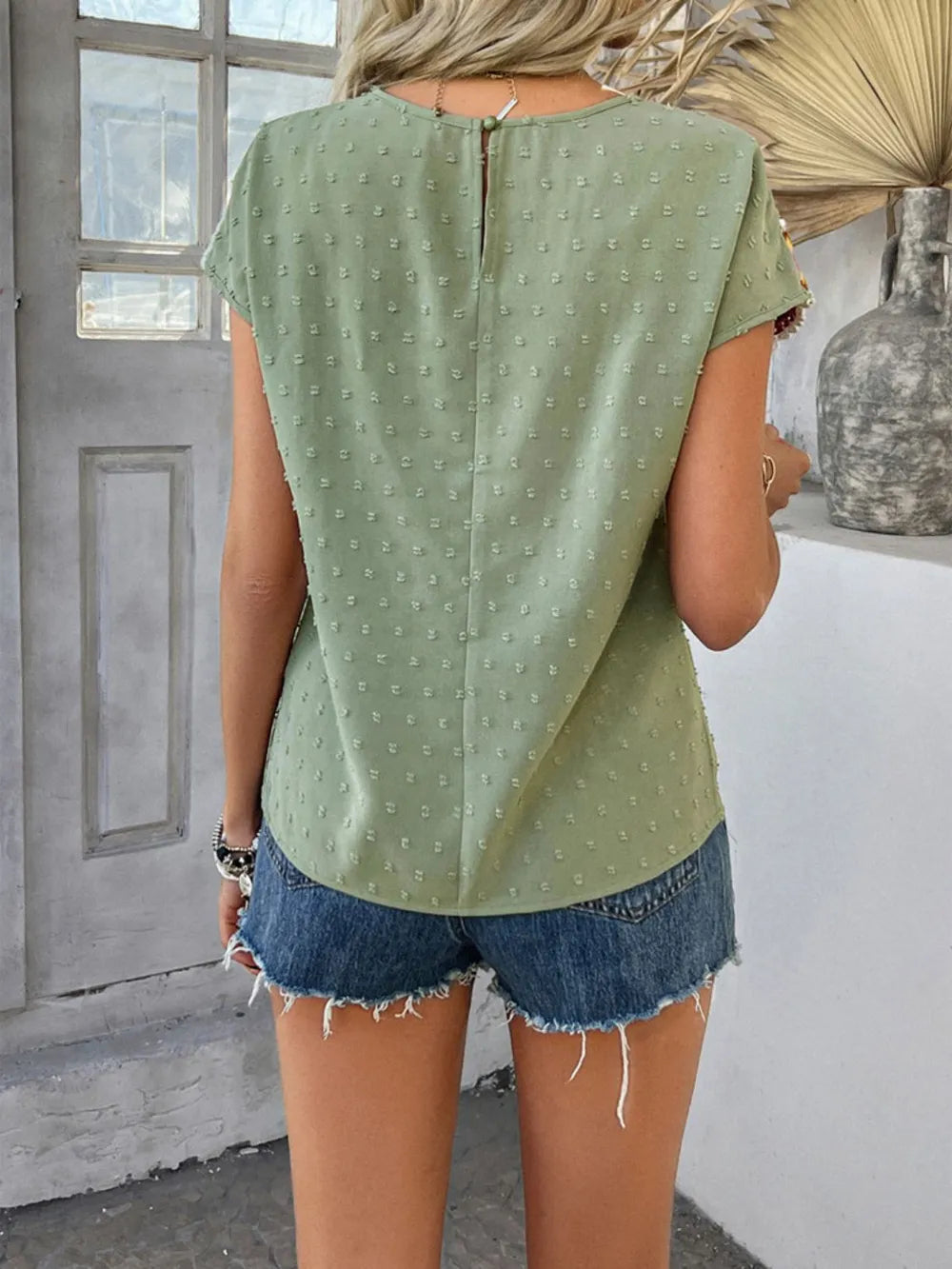 devine swiss dot round neck crochet short sleeve top - material texture