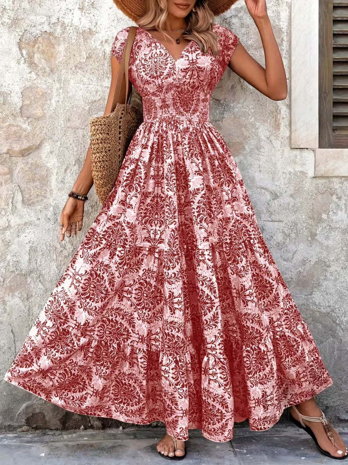 printed cap sleeve maxi dress – tiered,smocked | dropsona - neutral - close-up detail
