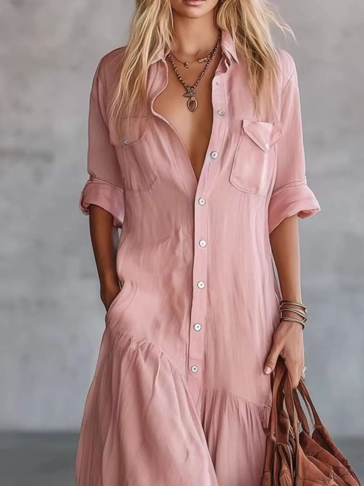 full size button-down maxi shirt dress with pockets | dropsona - neutral - usage example