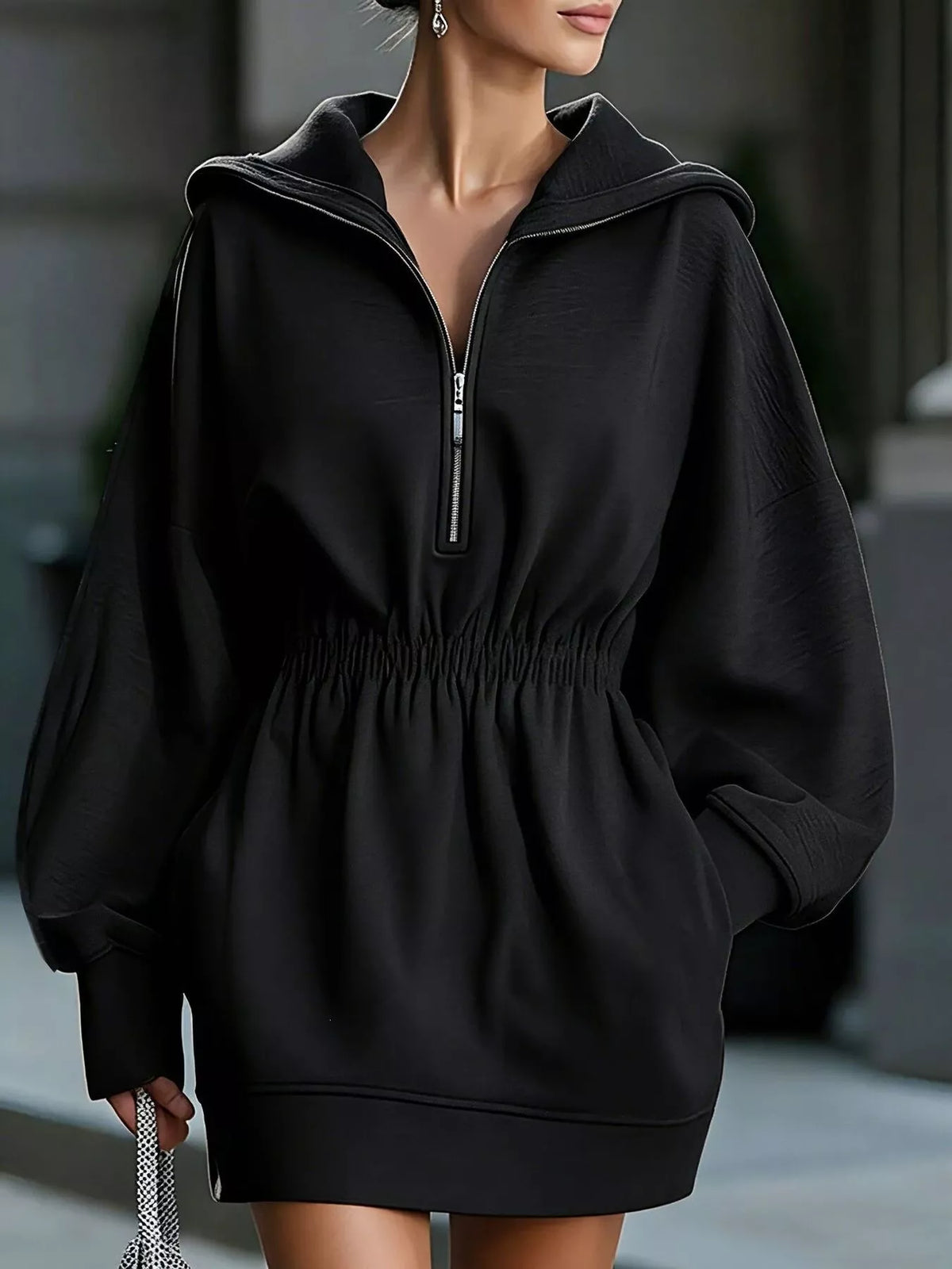 casual hooded quarter-zip sweatshirt dress | dropsona - neutral - packaging