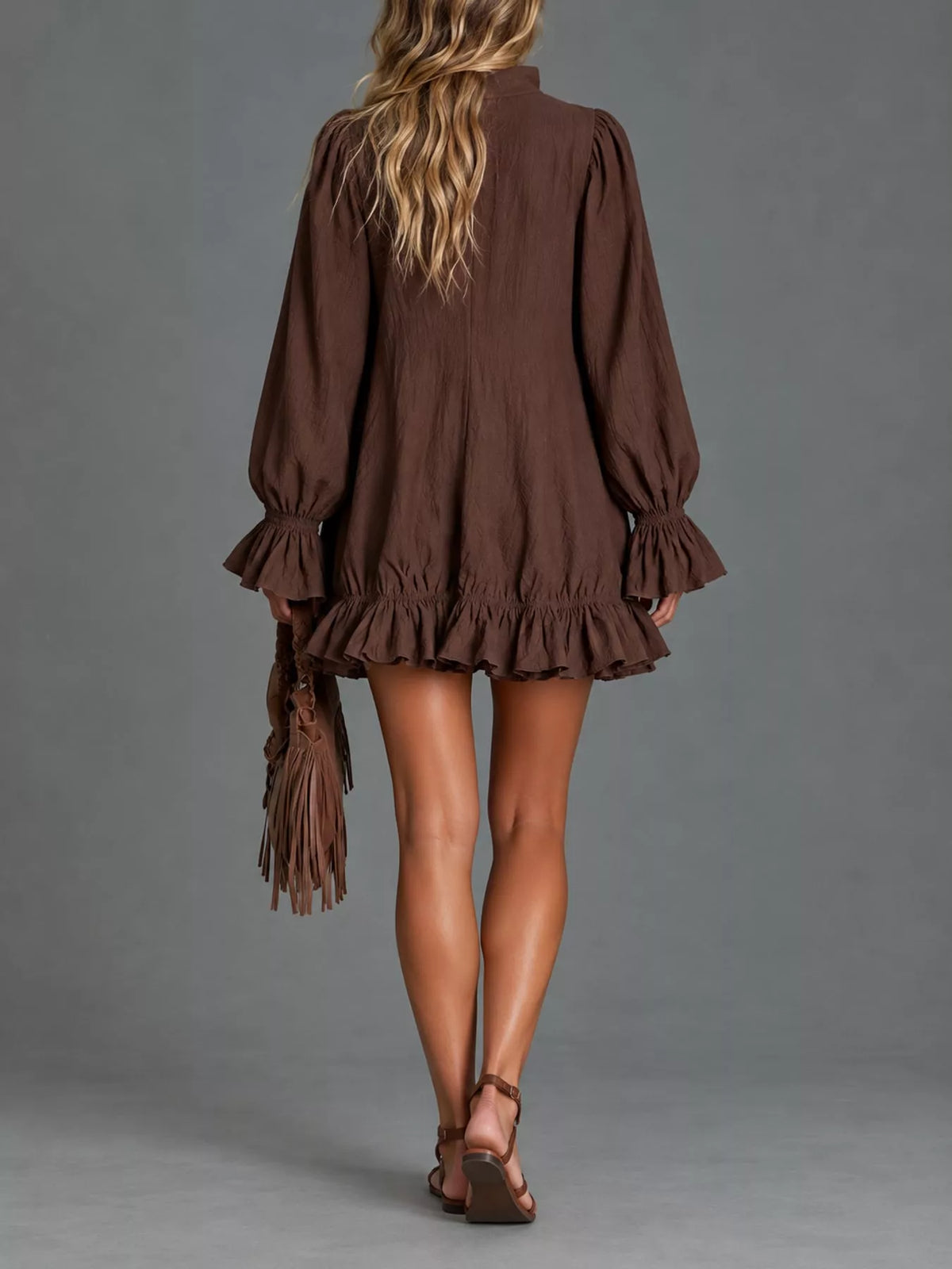 zipper-front ruffle hem mini dress – zipper, ruffled | dropsona - neutral - front view