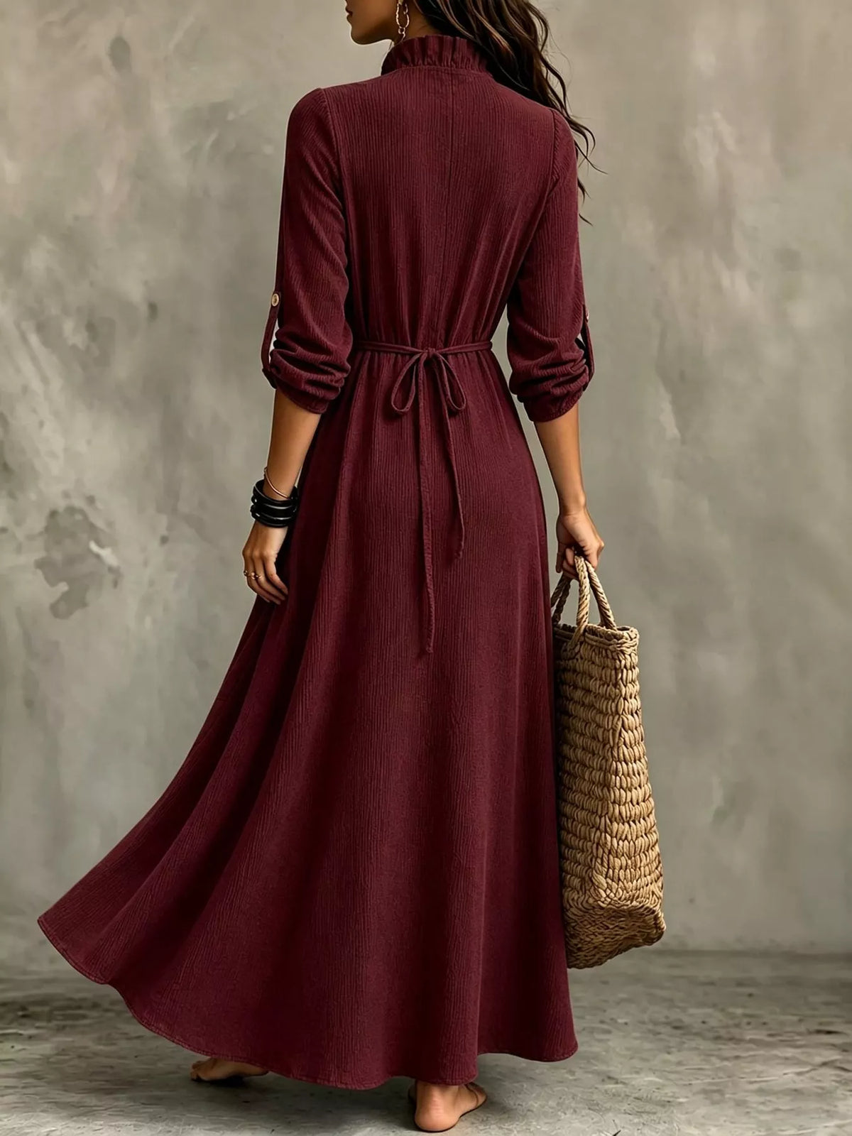 full size frill roll-up sleeve maxi dress plus | dropsona - neutral - material texture