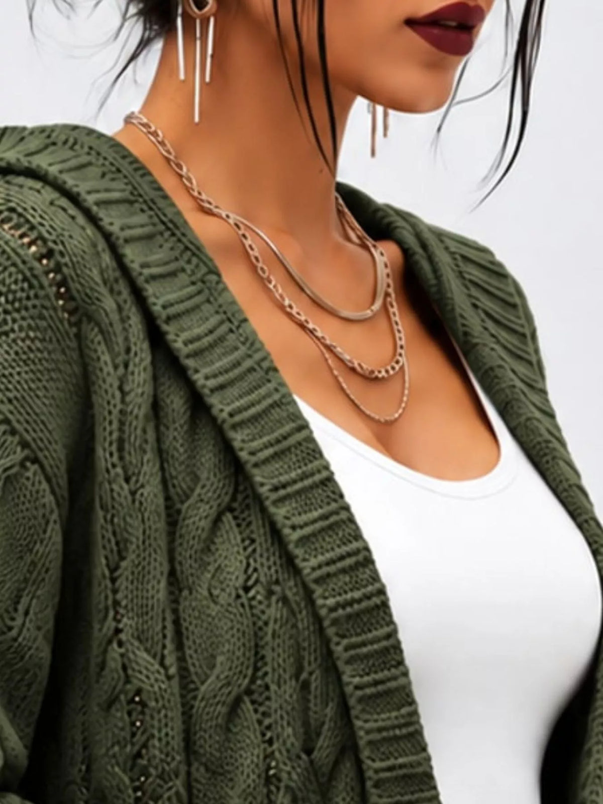 full size hooded cable knit longline cardigan plus | dropsona - neutral - front view