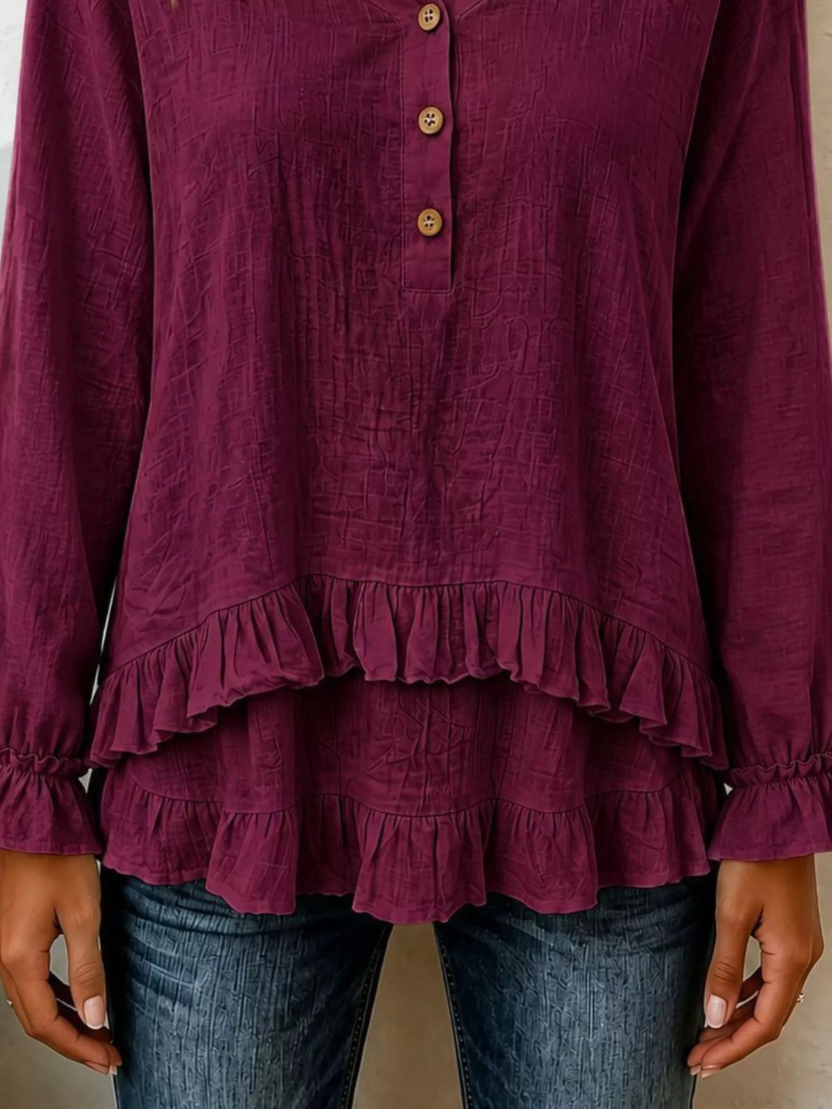 v-neck long sleeve button detail ruffled hem blouse | dropsona - neutral - usage example