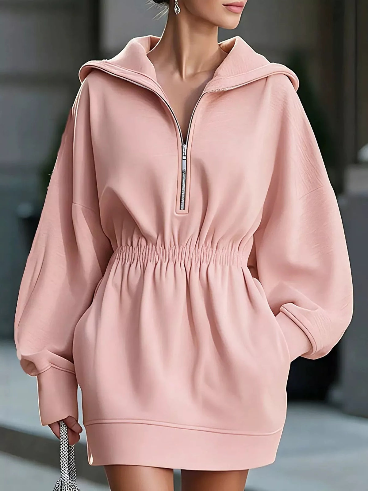 half-zip hooded sweatshirt dress – zipper,pocketed fit | dropsona - neutral - close-up detail