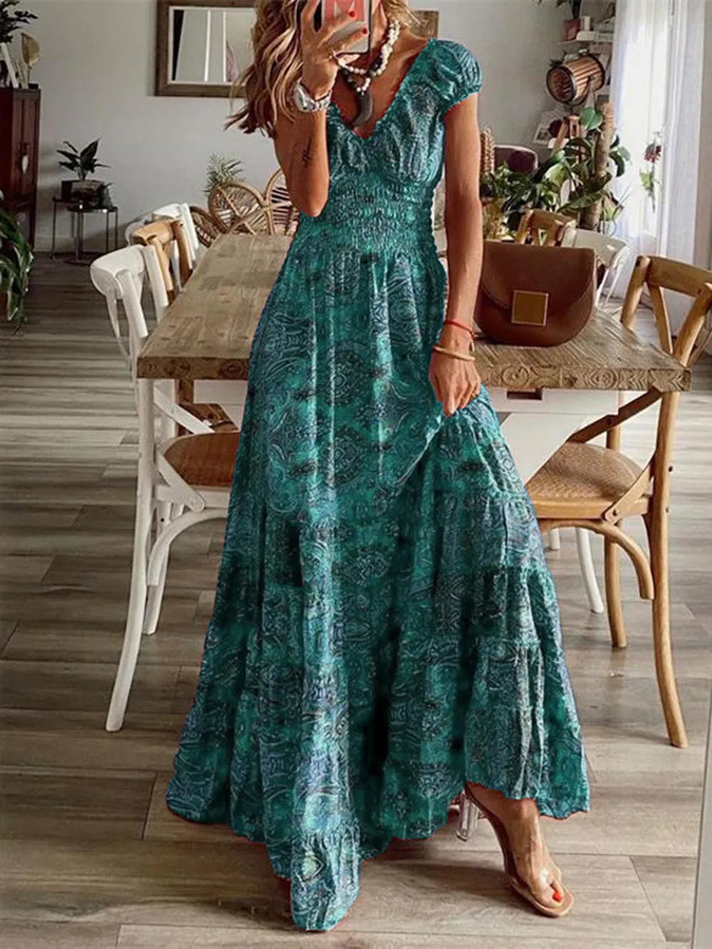 full size smocked printed v-neck short sleeve dress - size reference