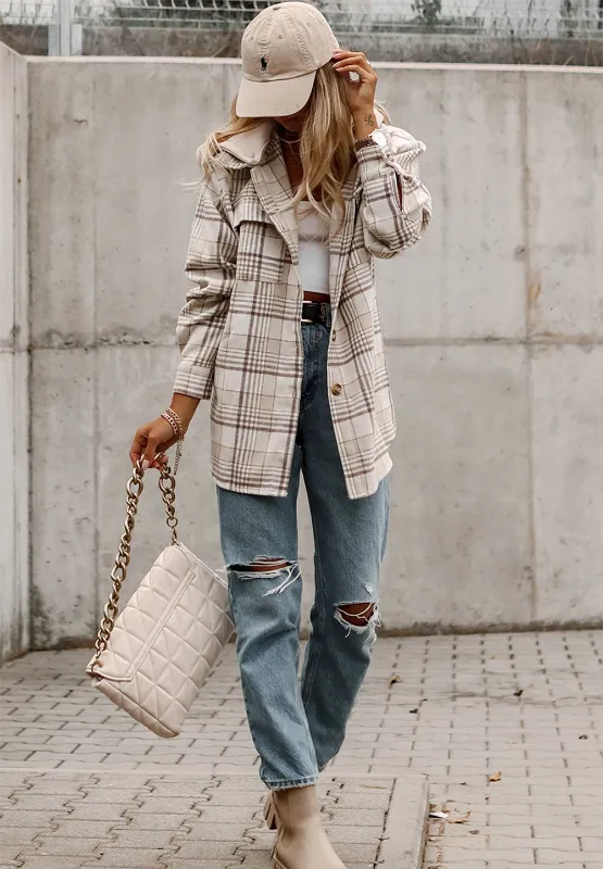plaid removable hood button up shacket – basic style | dropsona - neutral - material texture