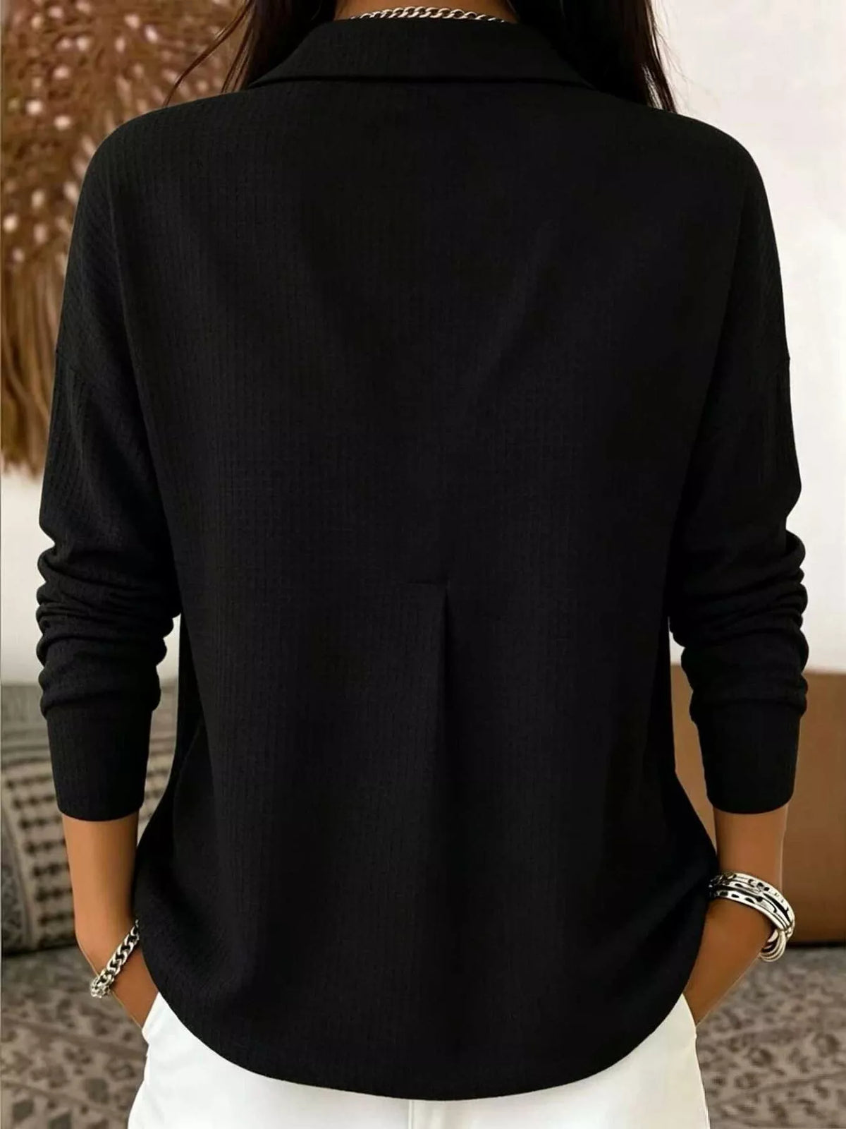 waffle knit snap down blouse – buttoned | dropsona - neutral - material texture