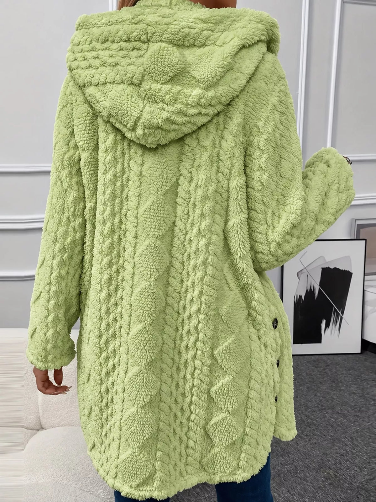 full size cozy cable-knit faux fur hooded outerwear | dropsona - neutral - size reference