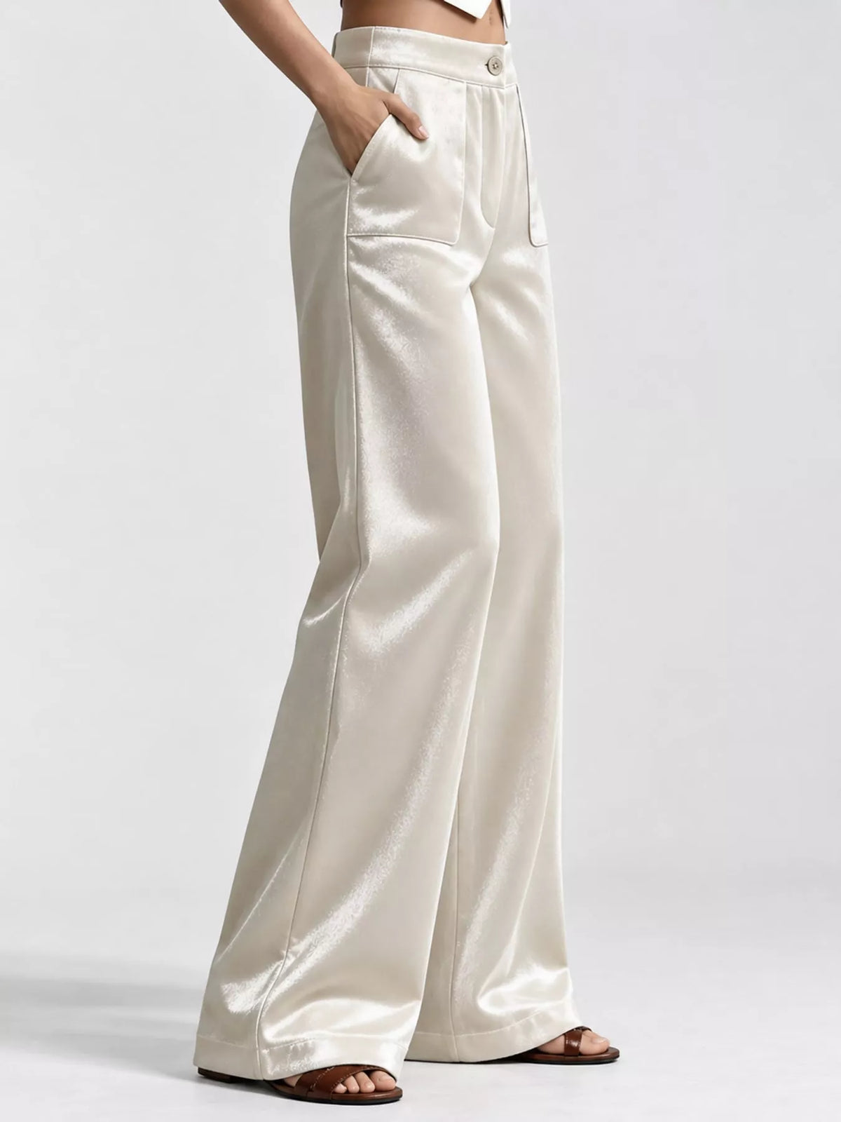 full size high-waisted wide-leg velvet pants with | dropsona - neutral - front view