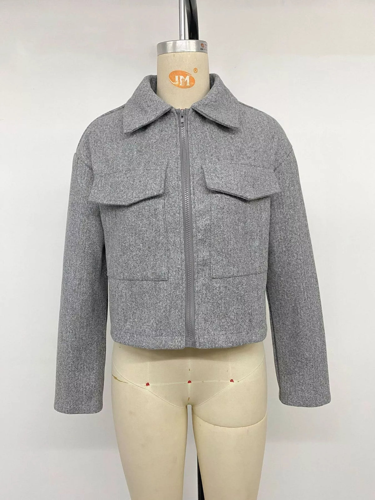 zip up cropped shacket with flap pockets – zipper | dropsona - neutral - front view