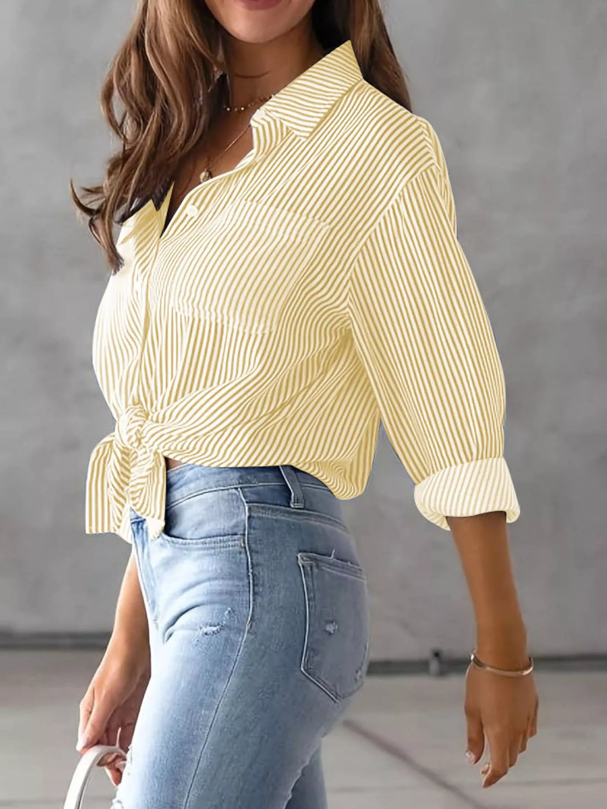 full size striped button-down long sleeve shirt plus | dropsona - neutral - material texture