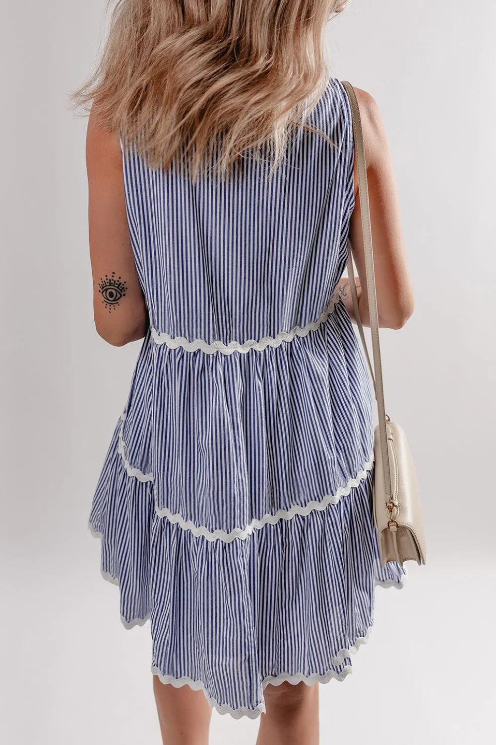 stripe sleeveless notched ric rac mini dress - front view