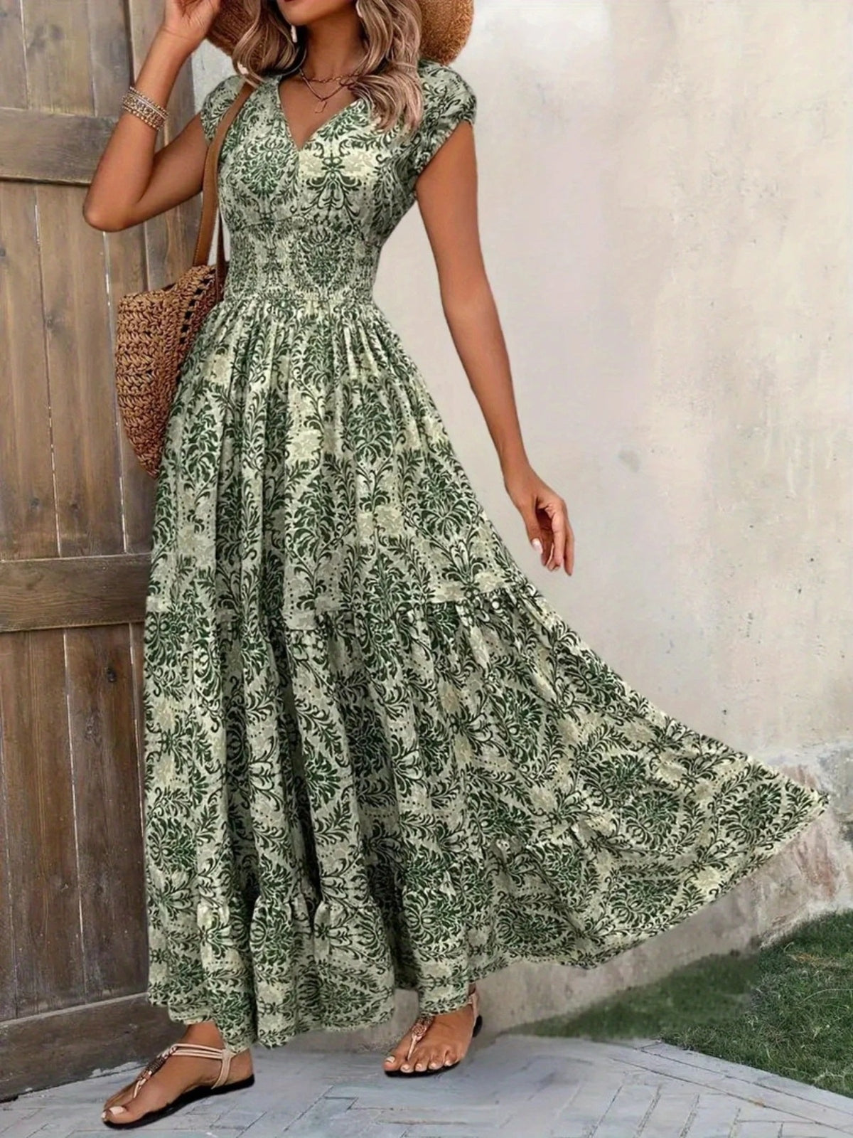 printed cap sleeve maxi dress – tiered,smocked | dropsona - neutral - close-up detail