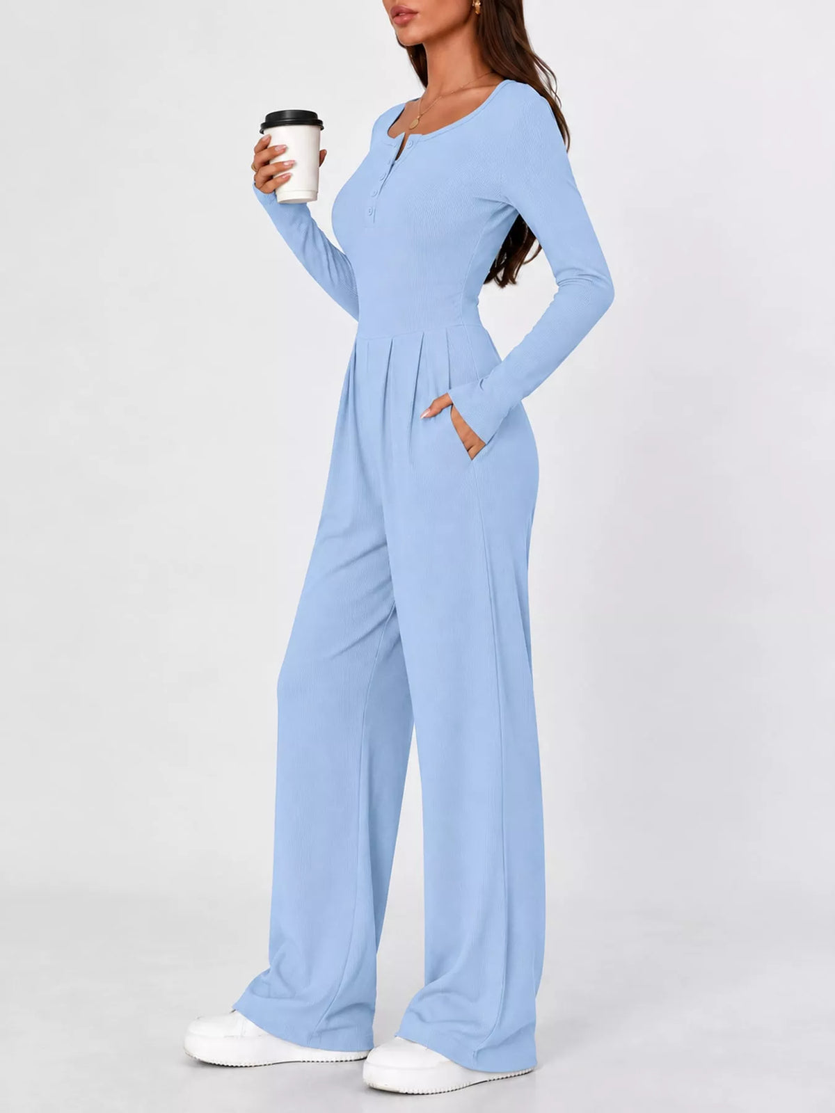 long sleeve ribbed knit wide leg jumpsuit | dropsona - neutral - size reference