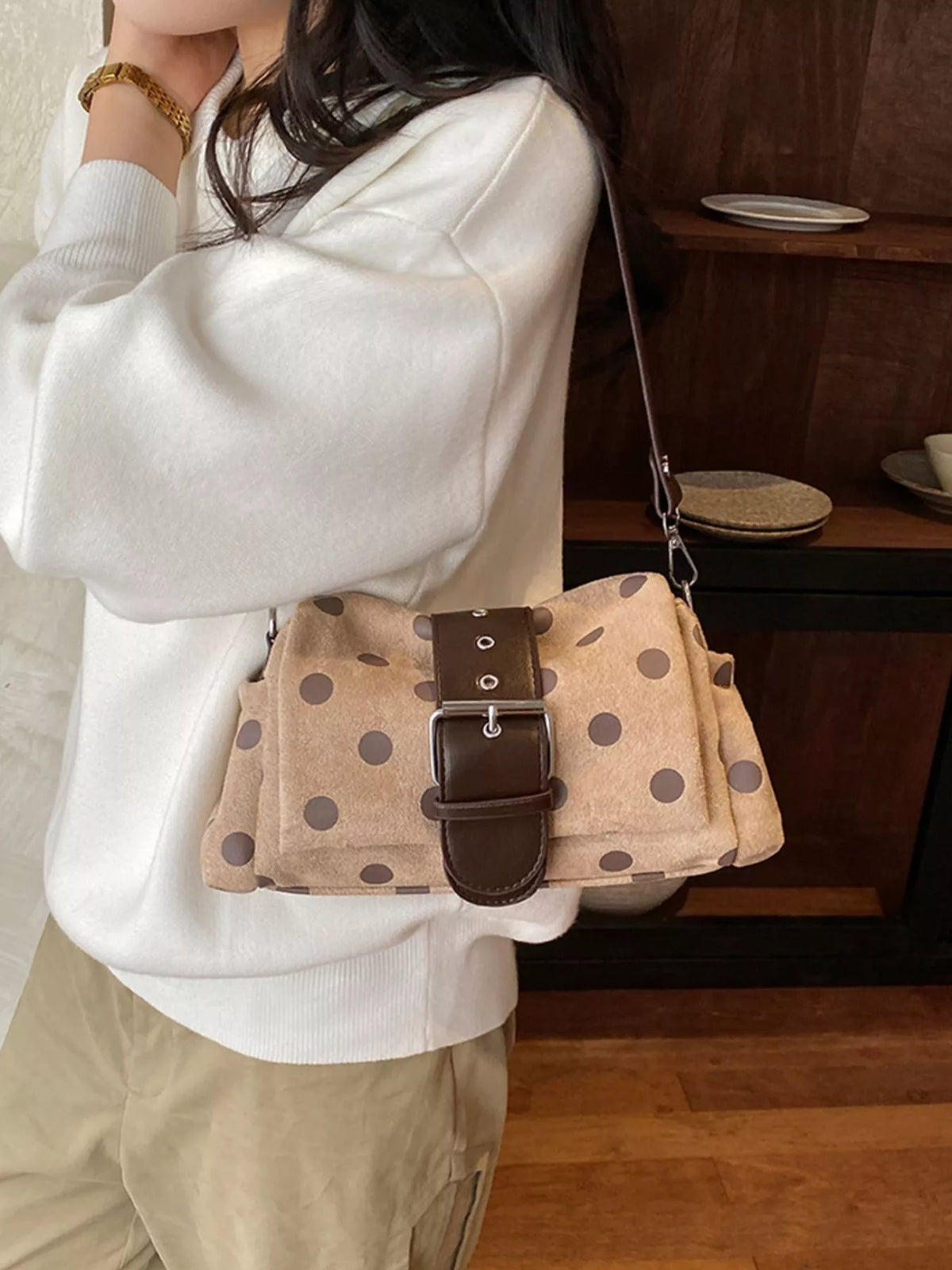 vintage polka dot shoulder bag – stylish sling | dropsona - neutral - front view