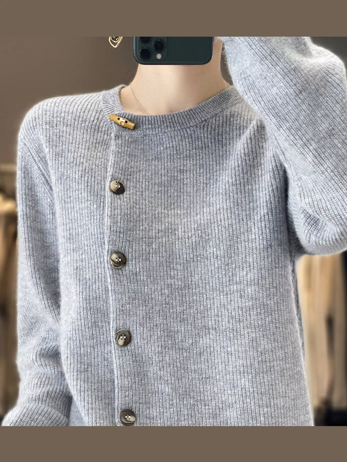 ribbed knit asymmetrical button cardigan | dropsona - neutral - usage example