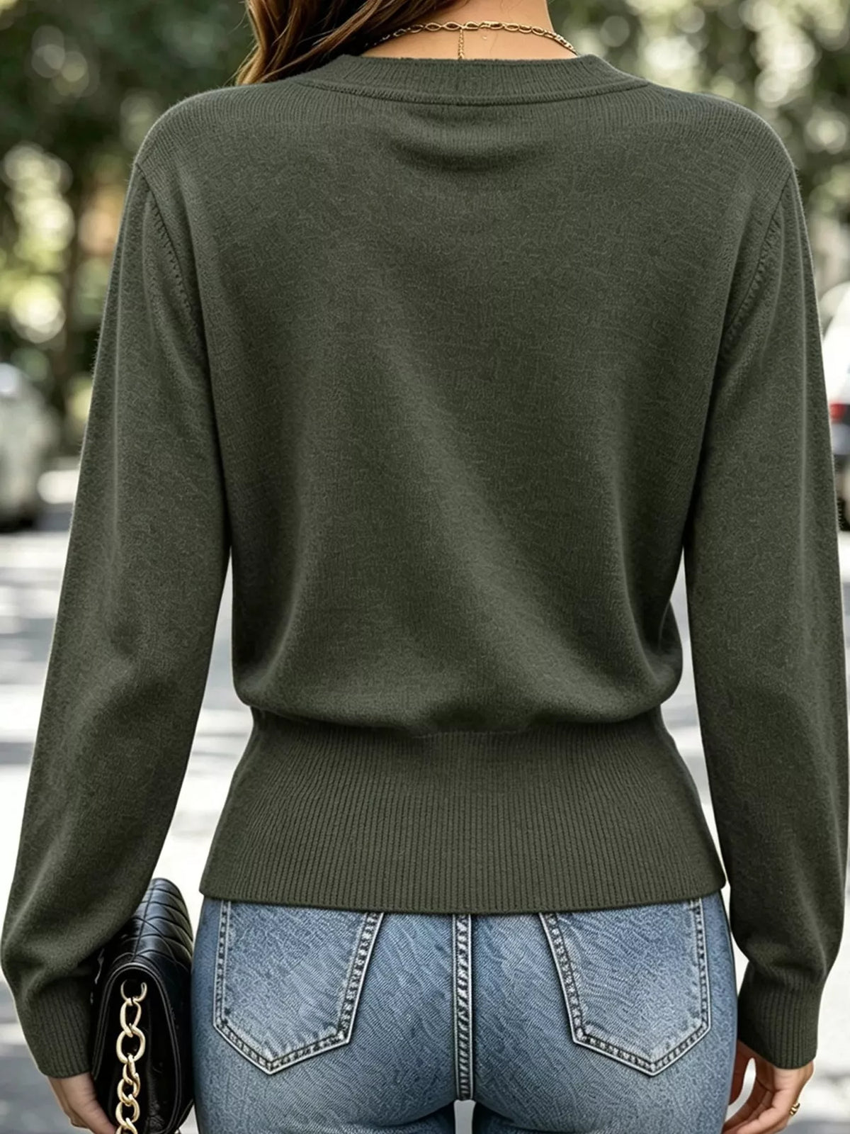 surplice elastic waist long sleeve knit top | dropsona - neutral - front view