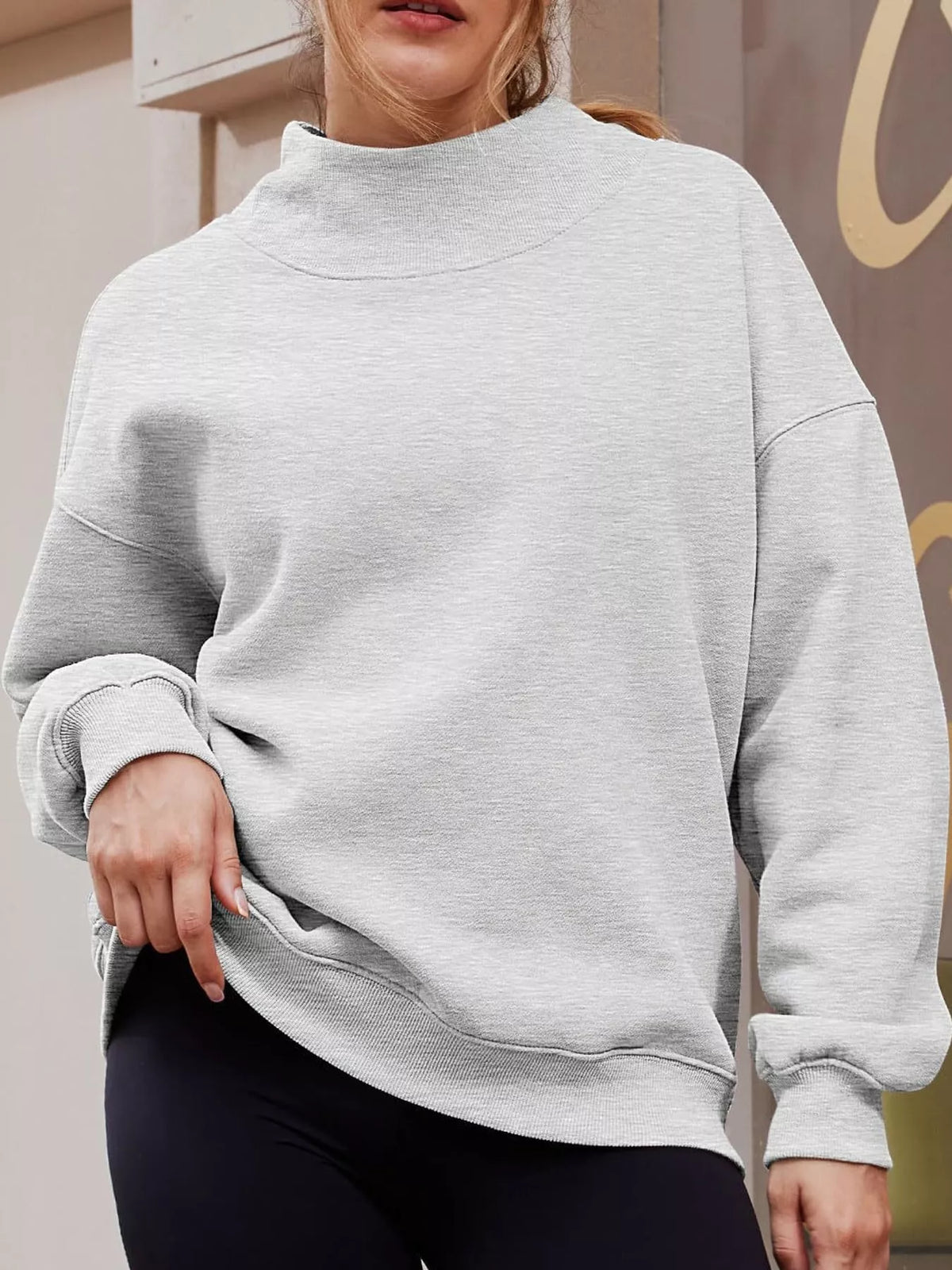 oversized mock neck long sleeve sweatshirt | dropsona - neutral - front view