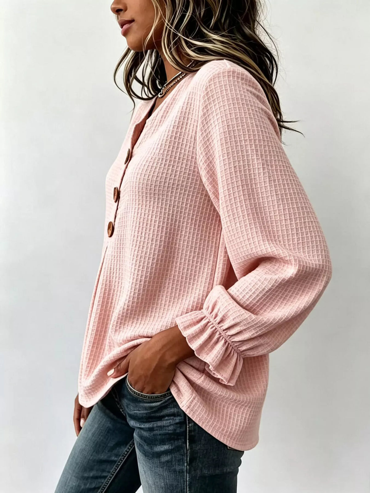 waffle knit long sleeve top | dropsona - neutral - close-up detail