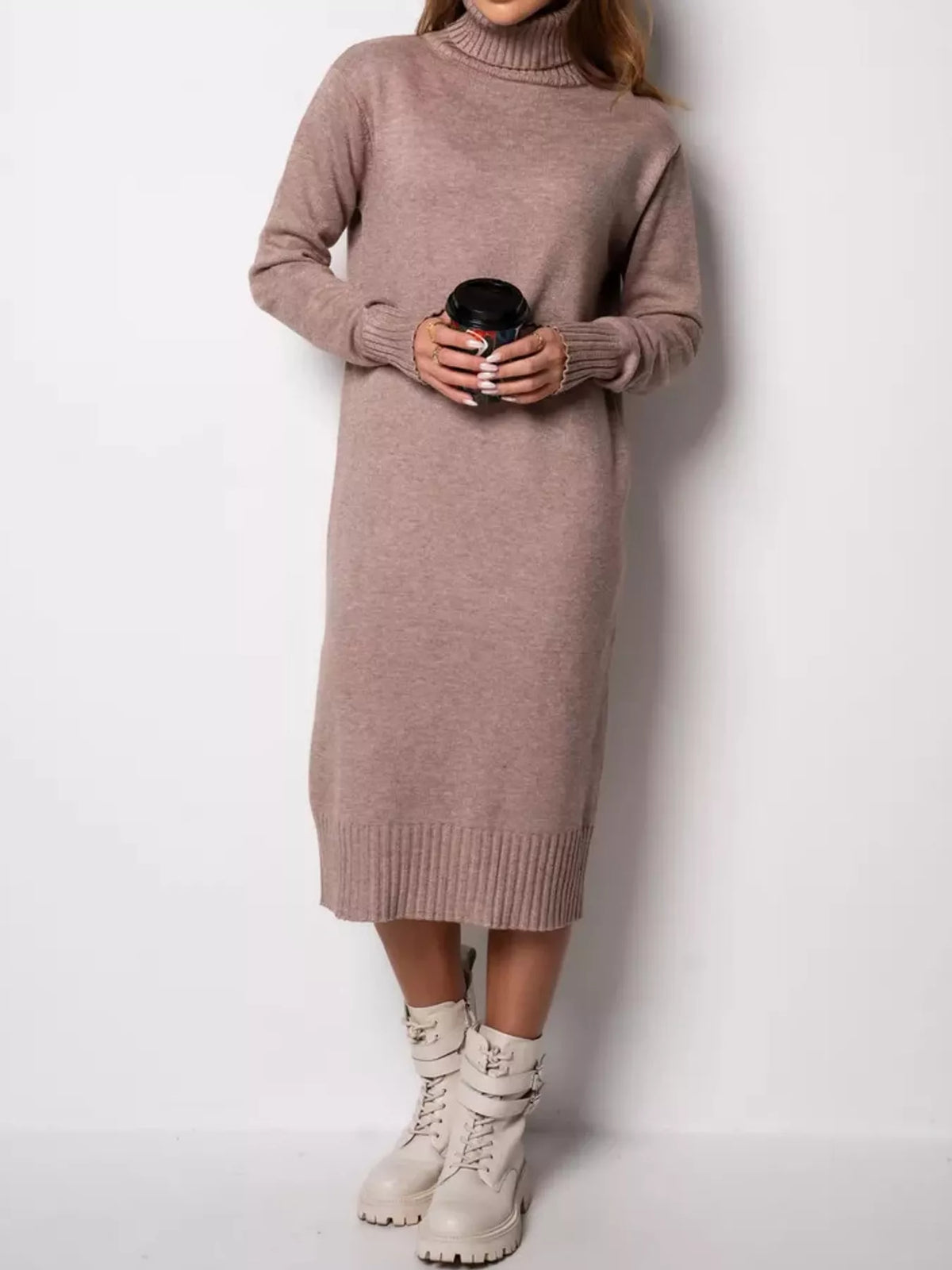 turtleneck ribbed knit sweater dress | dropsona - neutral - material texture