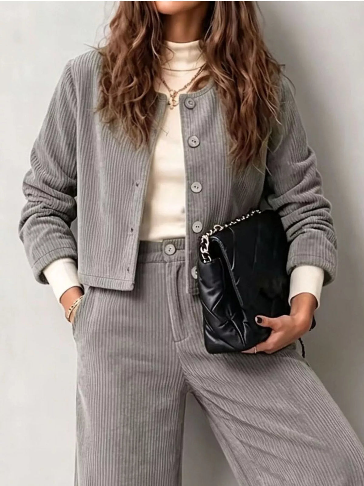 full size corduroy button-down jacket and wide-leg | dropsona - neutral - size reference