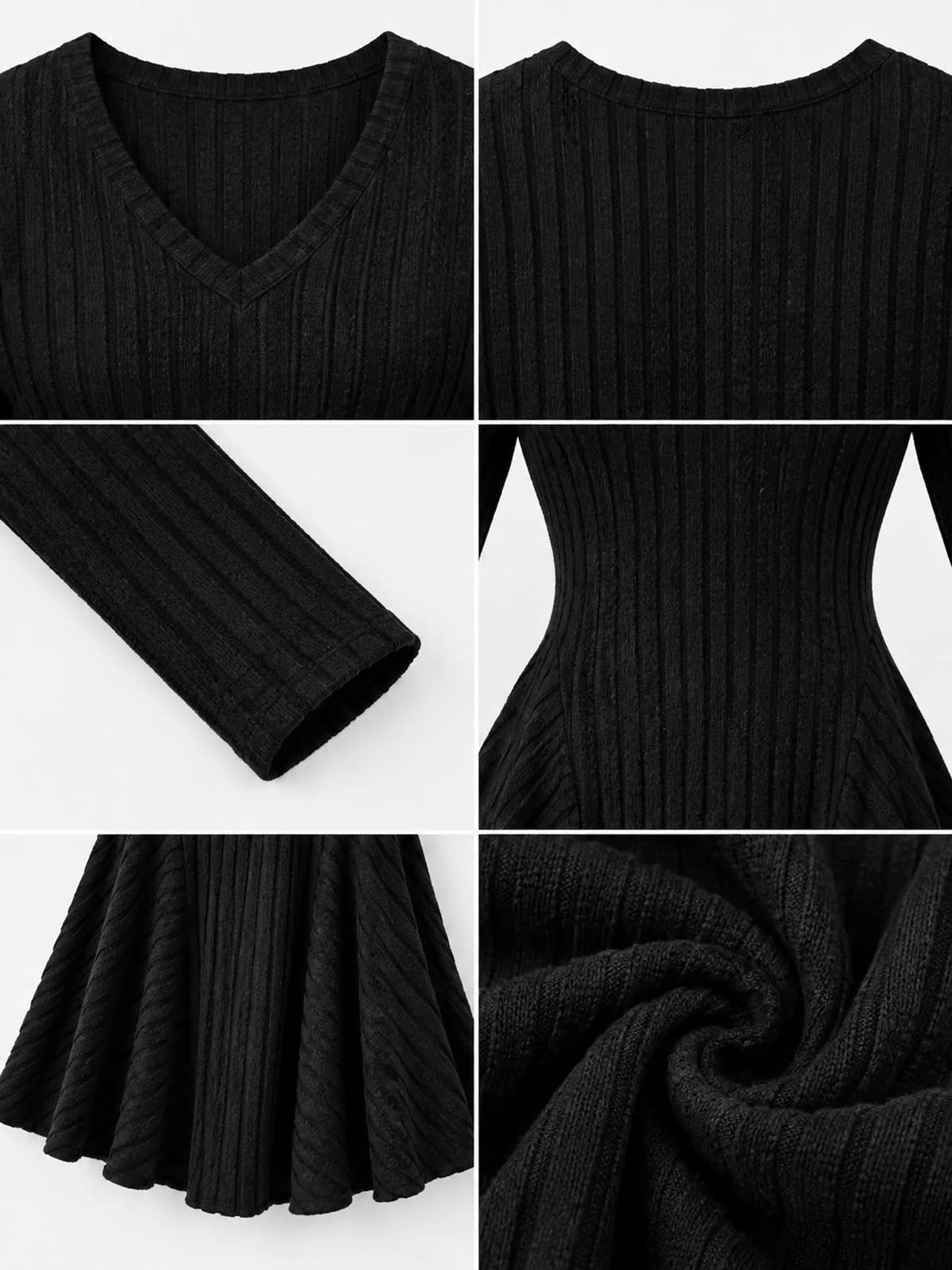 v-neck ribbed knit a-line dress – | dropsona - neutral - close-up detail