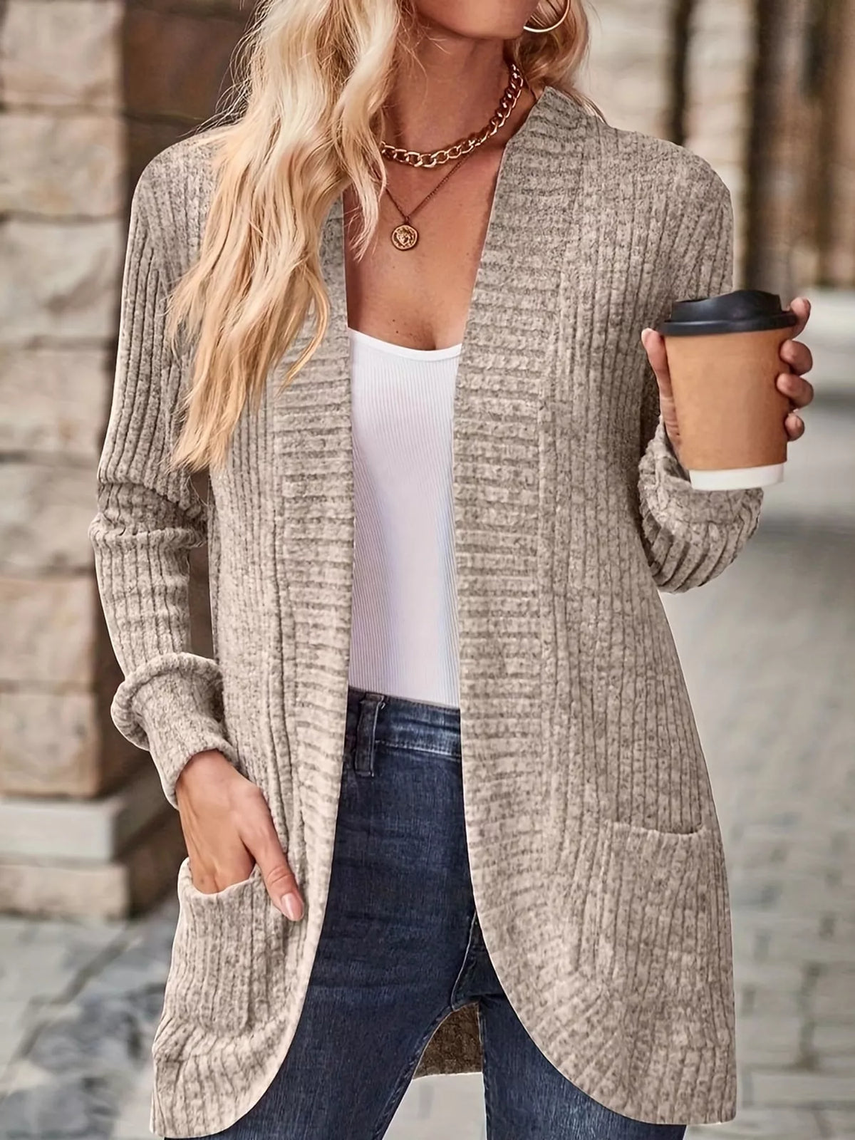 ribbed knit open front cardigan with pockets | dropsona - neutral - packaging