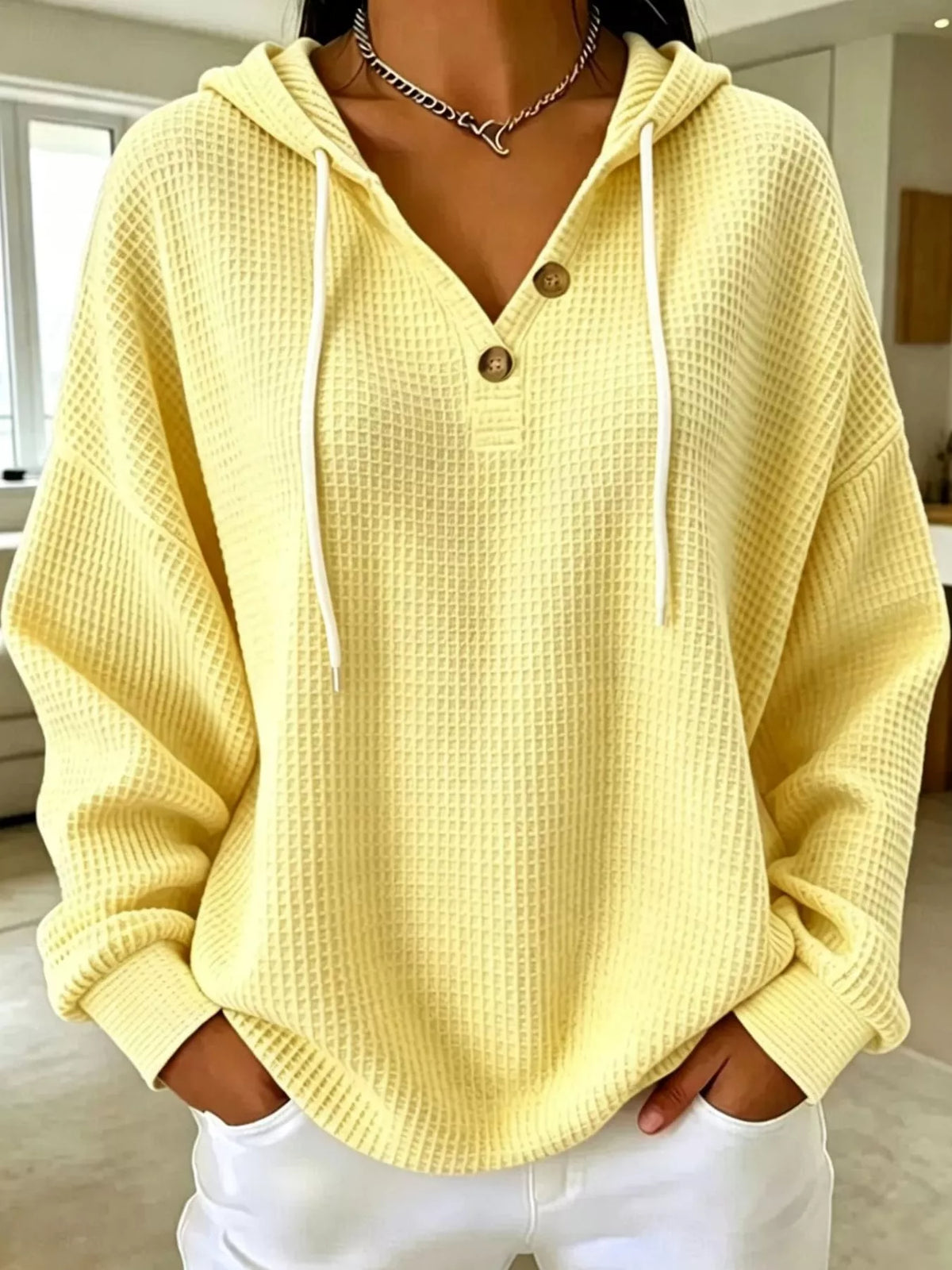 full size waffle knit button detail hoodie plus | dropsona - neutral - material texture