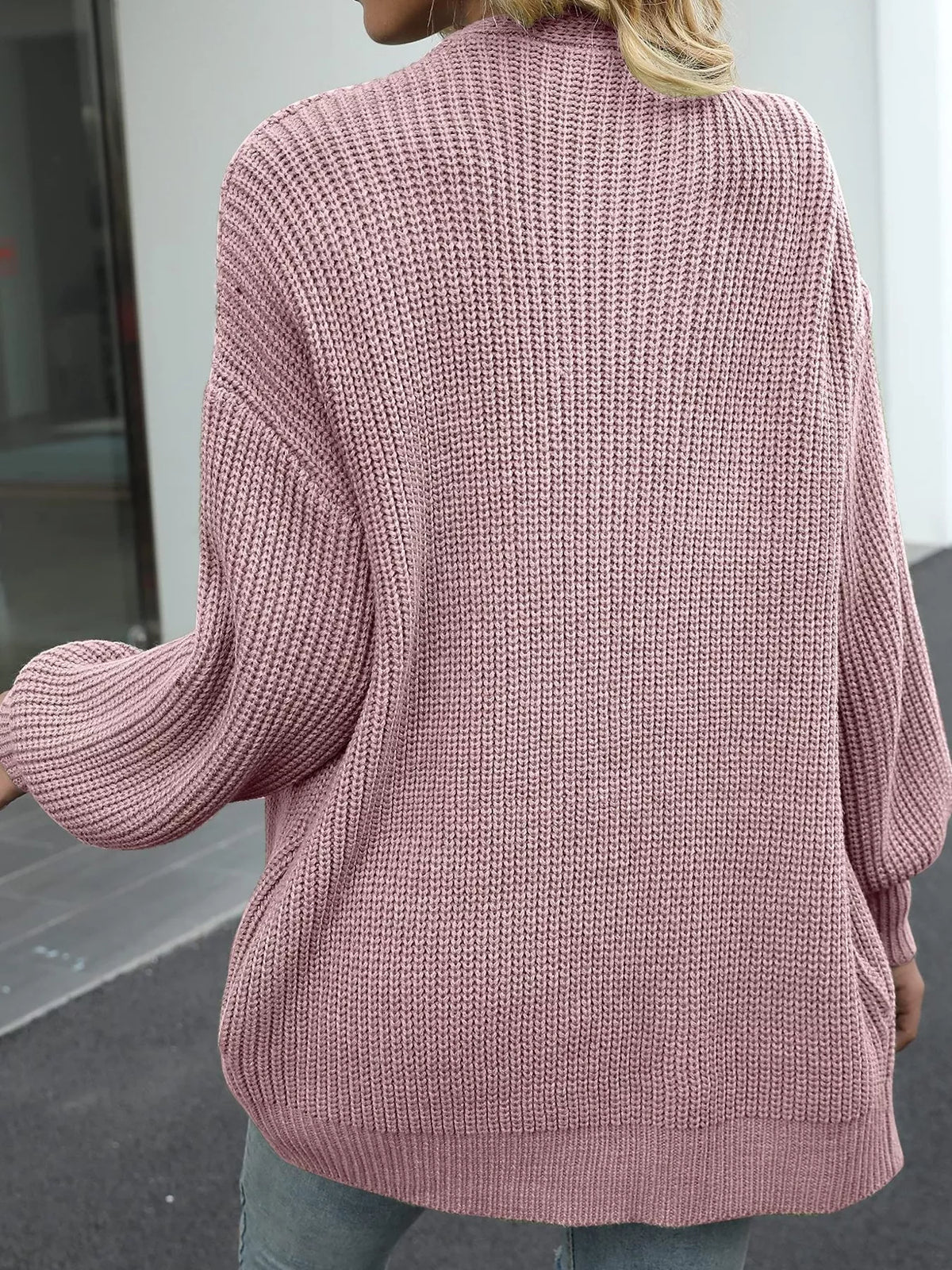 chunky knit open front cardigan with lantern sleeves | dropsona - neutral - close-up detail