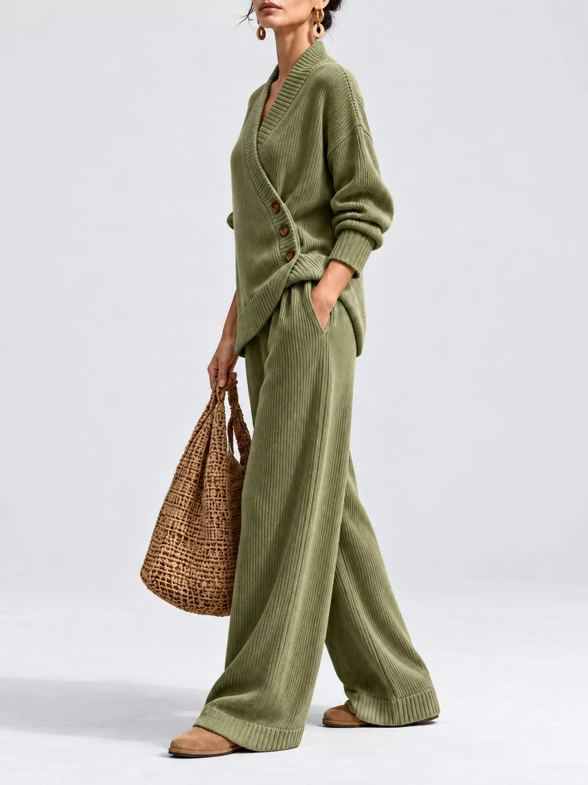 full size elegant v-neck wrap sweater and wide-leg | dropsona - neutral - material texture
