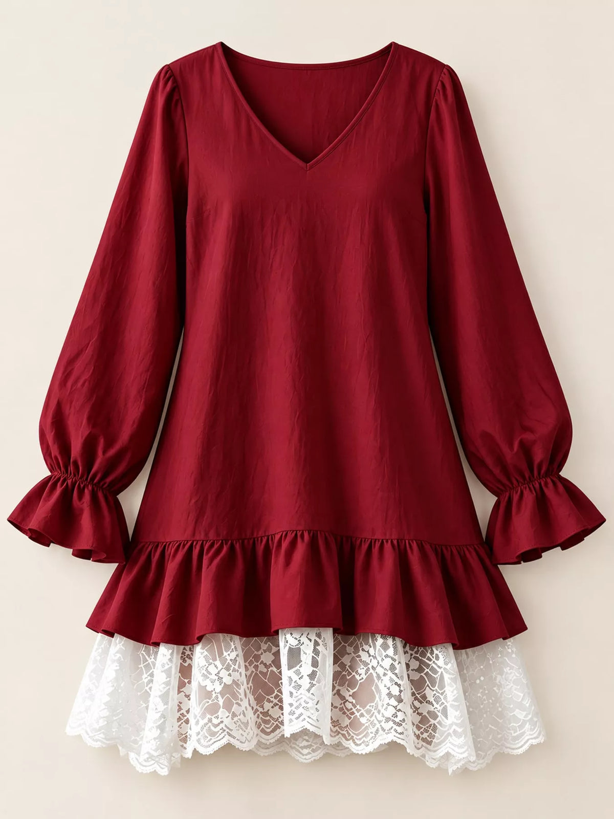 lace hem v-neck flounce sleeve dress | dropsona - neutral - front view