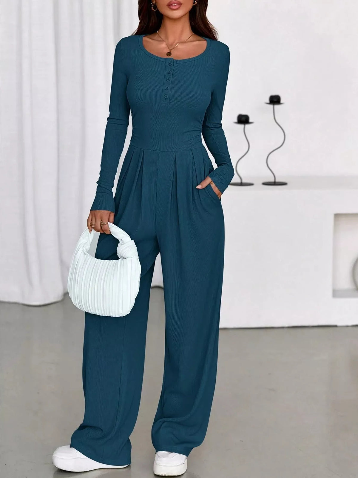 long sleeve ribbed knit wide leg jumpsuit | dropsona - neutral - packaging