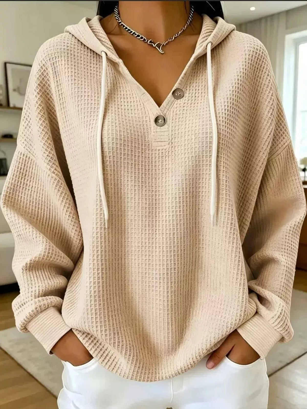 full size waffle knit button detail hoodie plus | dropsona - neutral - front view