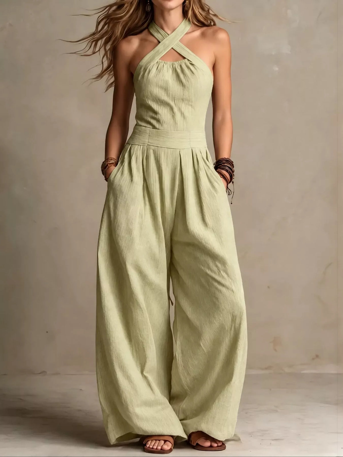 full size halter neck wide-leg jumpsuit plus | dropsona - neutral - material texture