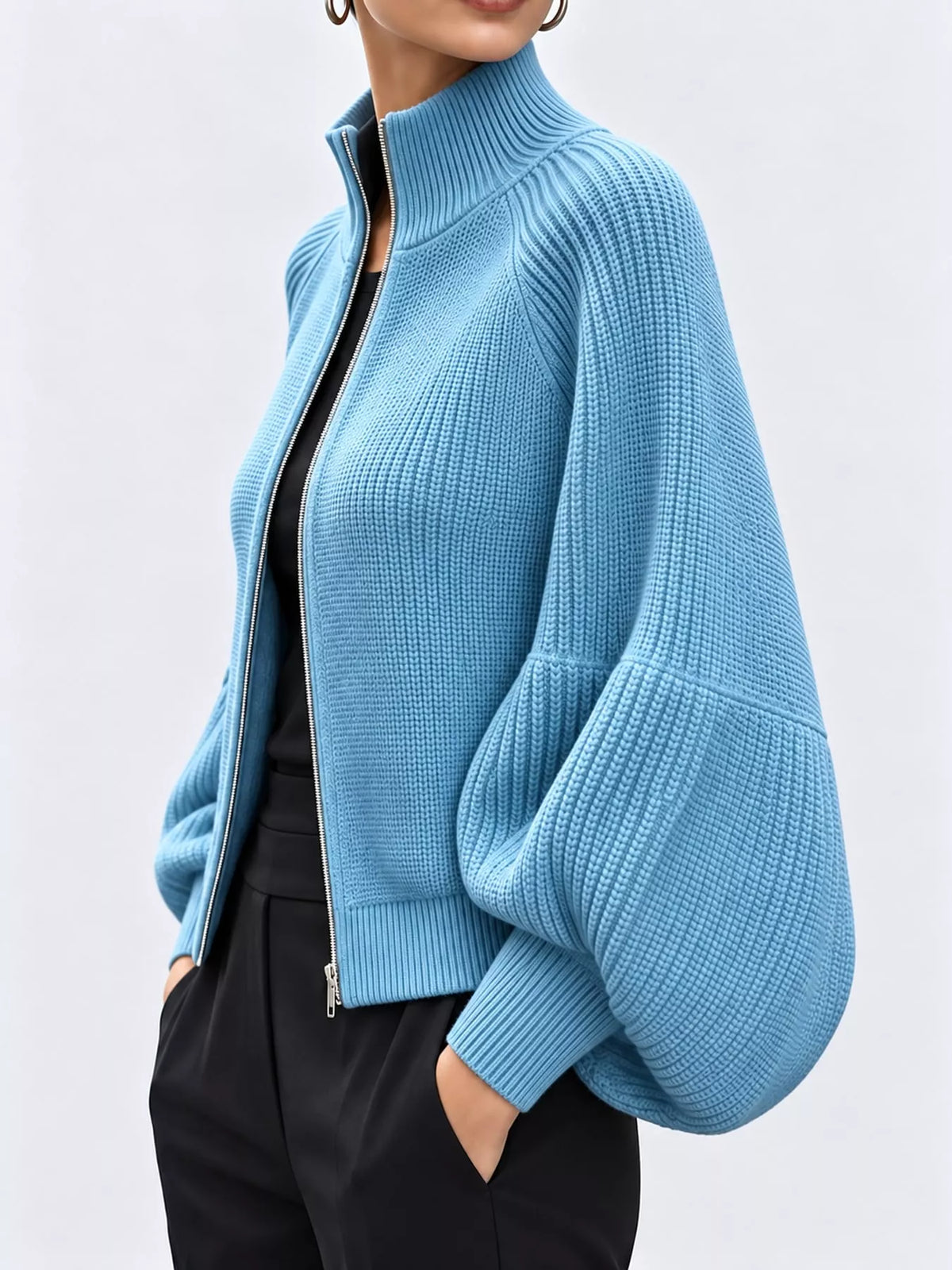 full size elegant ribbed knit zip-up cardigan with | dropsona - neutral - material texture