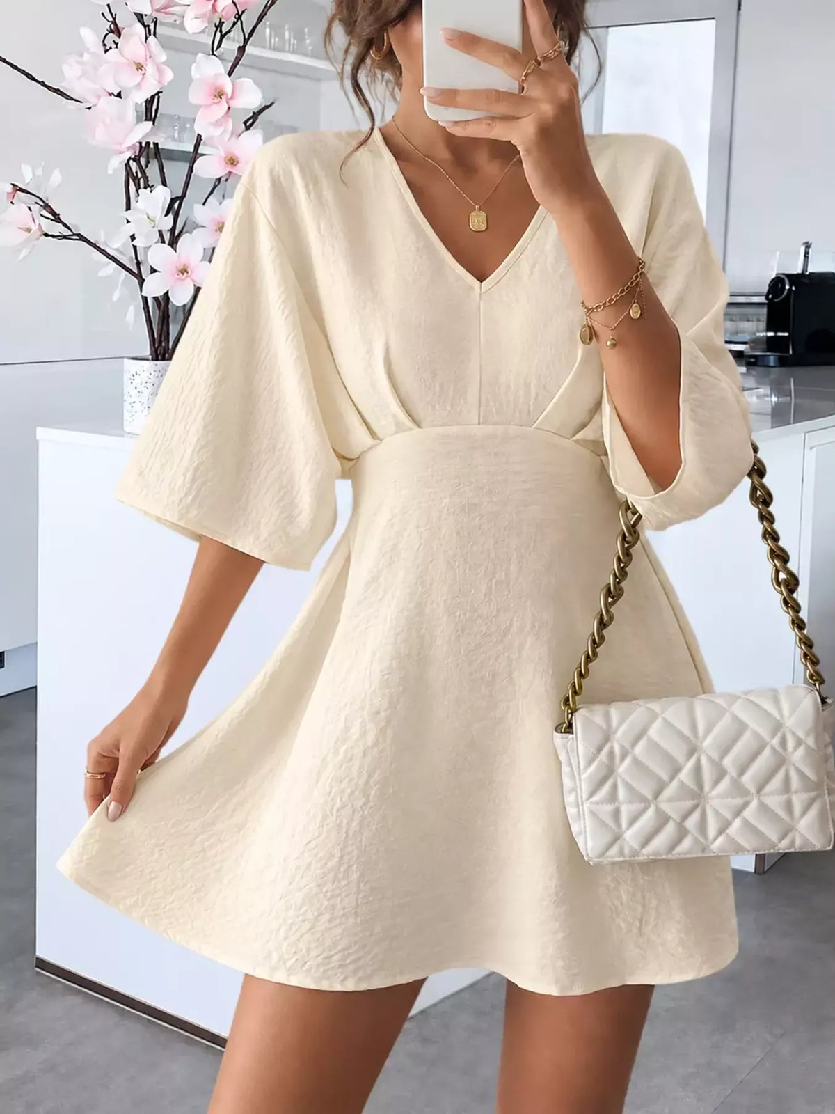 v-neck textured mini dress – basic style | dropsona - neutral - everyday use