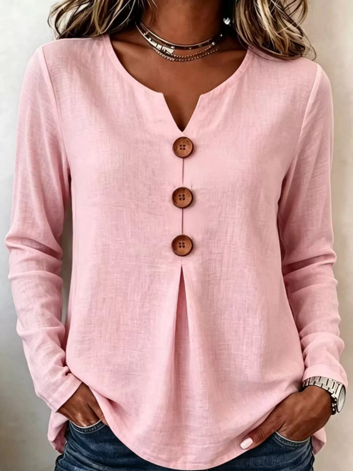 full size long sleeve blouse with decorative wooden | dropsona - neutral - size reference