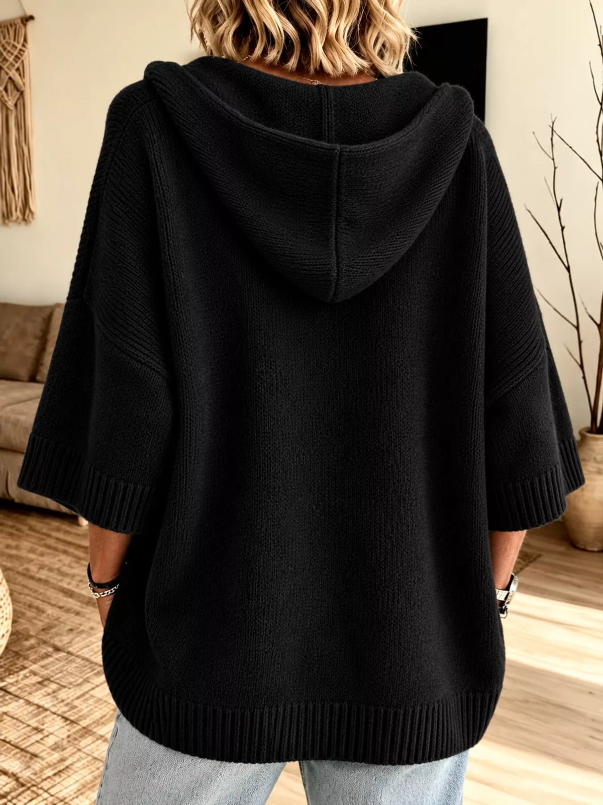 full size hooded open-front knit cardigan plus | dropsona - neutral - usage example
