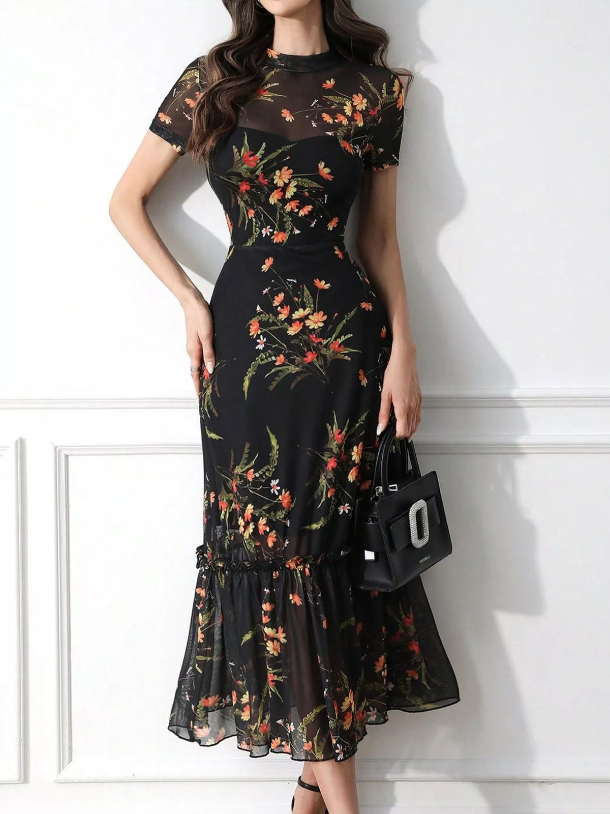 floral print sheer overlay midi dress with ruffle hem | dropsona - neutral - size reference