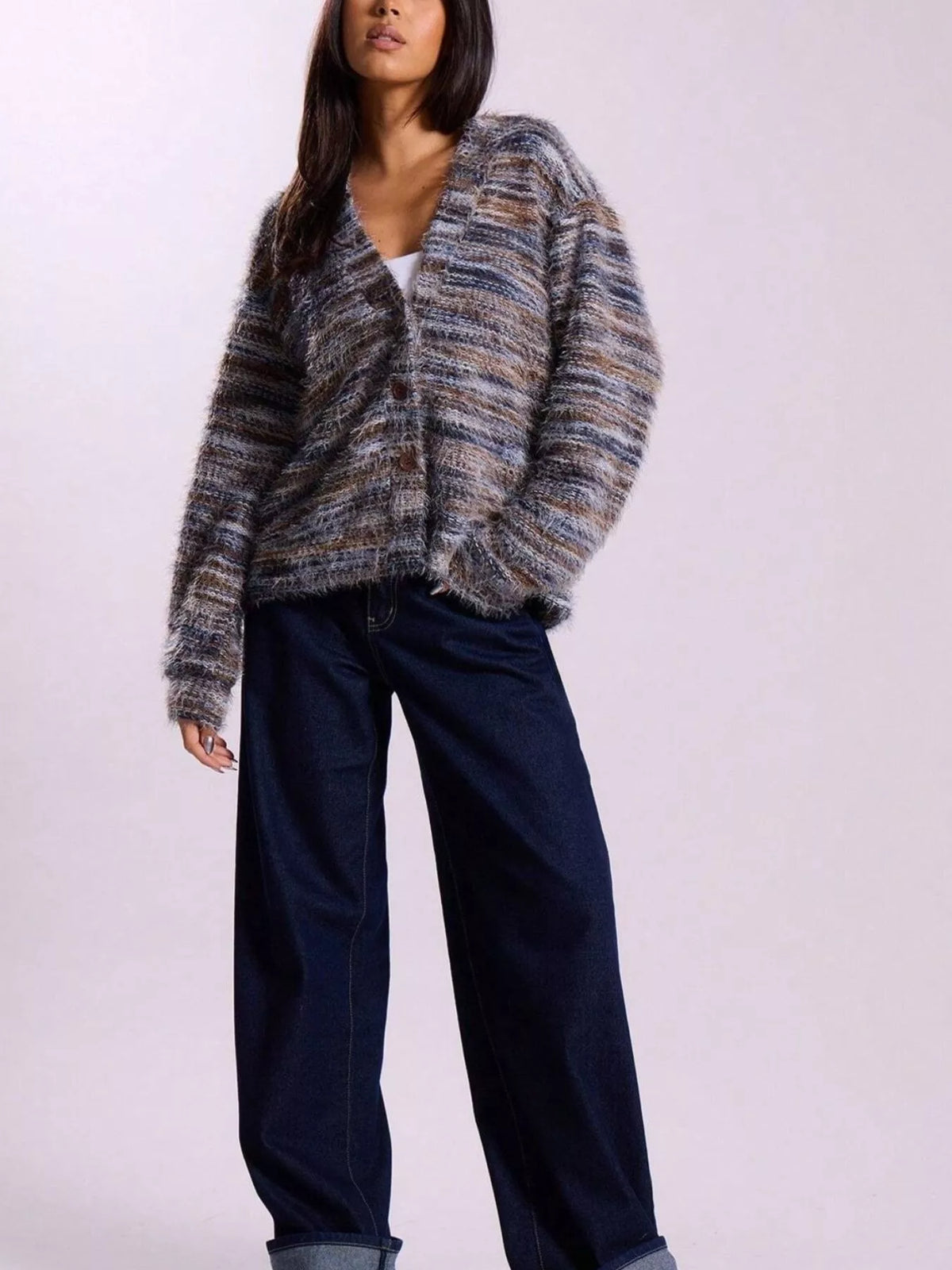 fuzzy knit v-neck button-down cardigan – buttoned | dropsona - neutral - usage example
