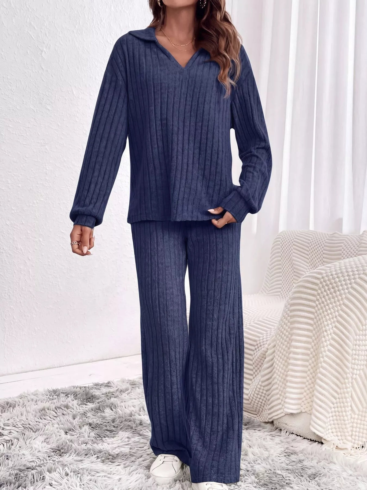 ribbed knit collared top and wide leg pants set | dropsona - neutral - size reference