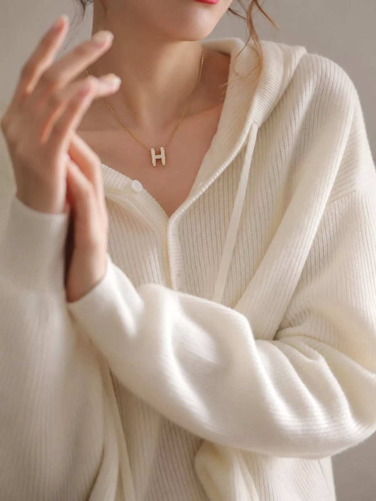 drawstring button detail hooded sweater | dropsona - neutral - close-up detail