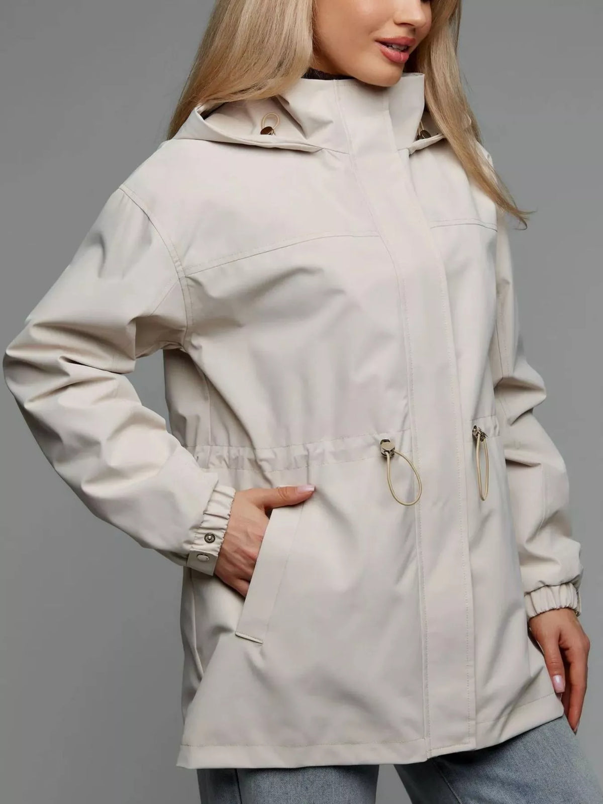 hooded windbreaker jacket with drawstring waist | dropsona - neutral - material texture