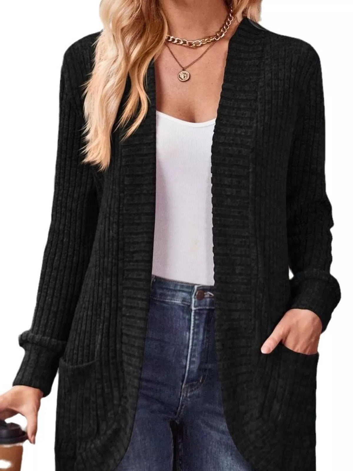 ribbed knit open front cardigan with pockets | dropsona - neutral - close-up detail