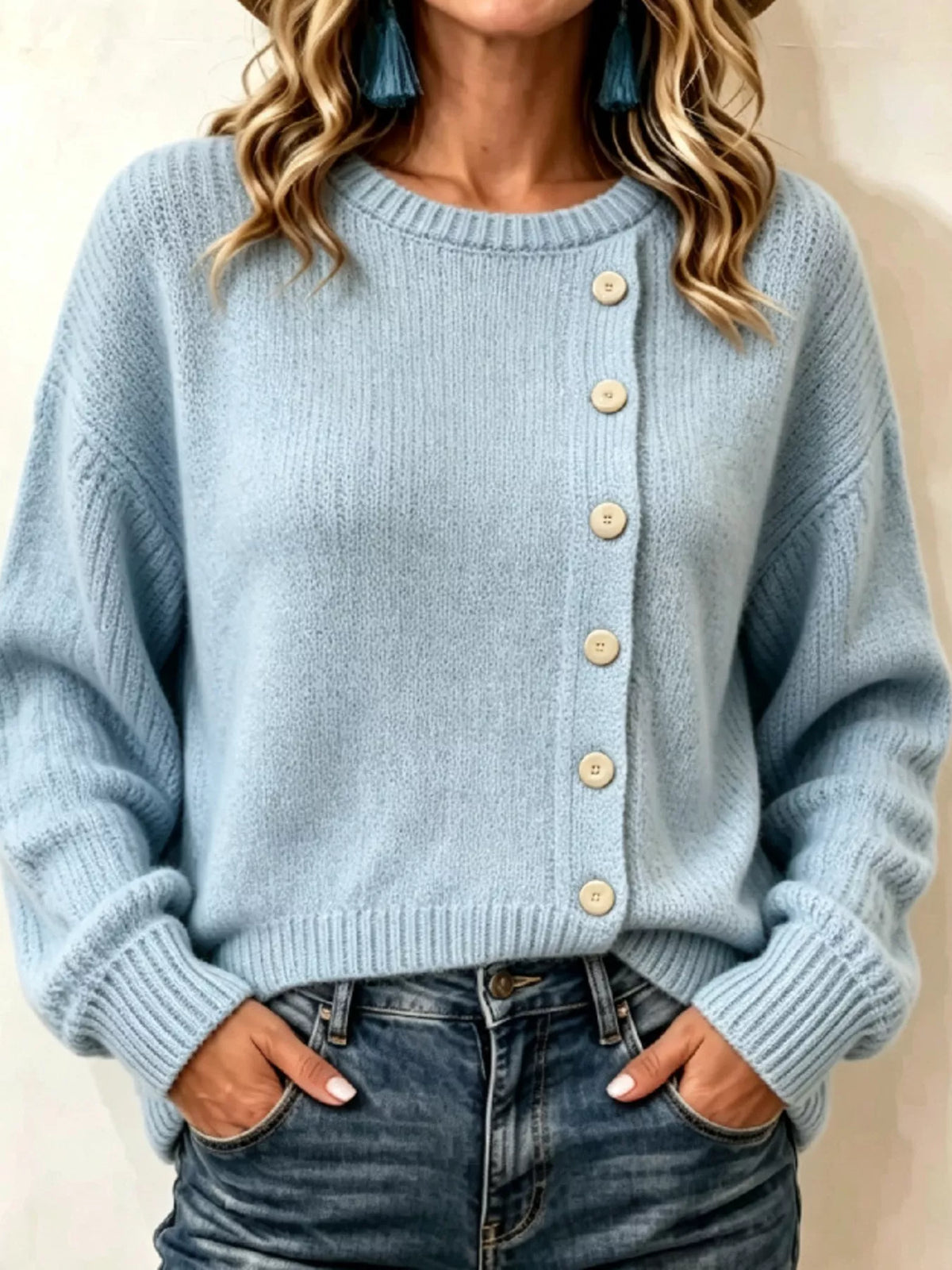 decorative button dropped shoulder sweater – buttoned | dropsona - neutral - everyday use