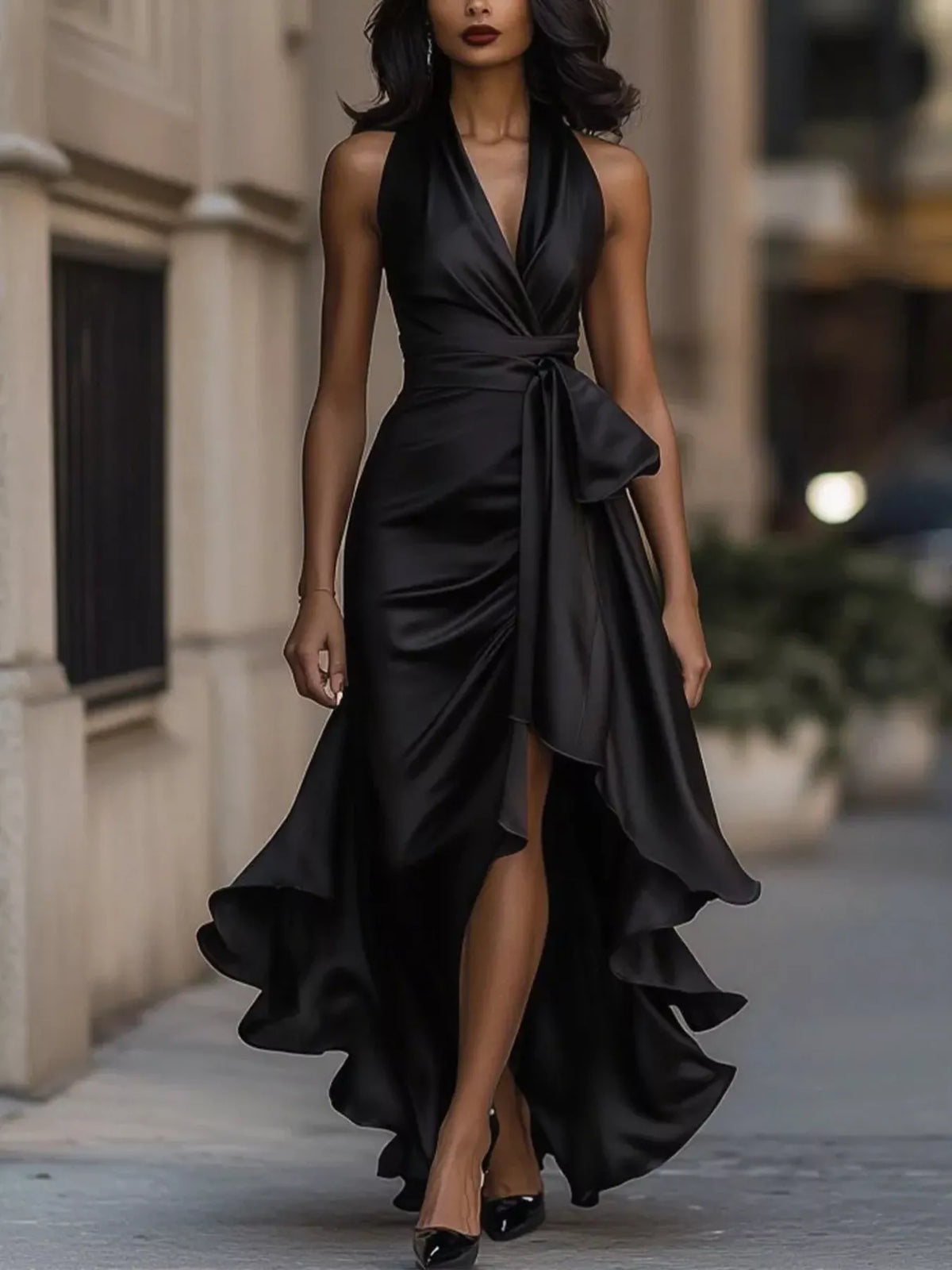 full size high-low ruffled satin maxi dress plus | dropsona - neutral - usage example